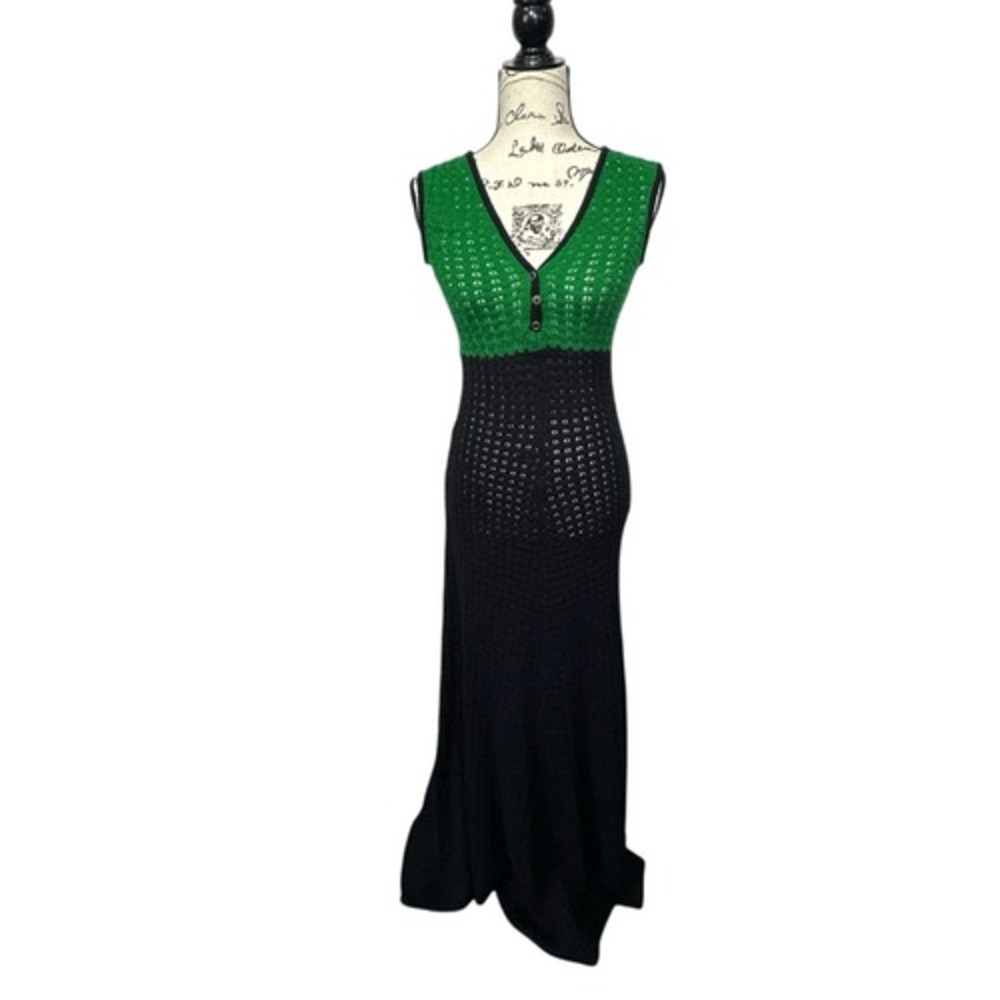 The Third Eye Green and Black Crochet Open Knit Colorblock Unique Maxi Dress, 1